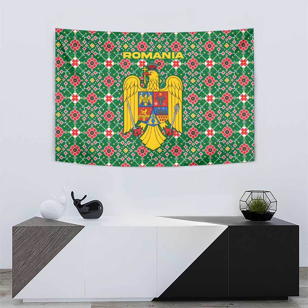 Romania Christmas Tapestry with Green and Red Pattern Golden Eagle and Santa Motif - Wonder Print Shop