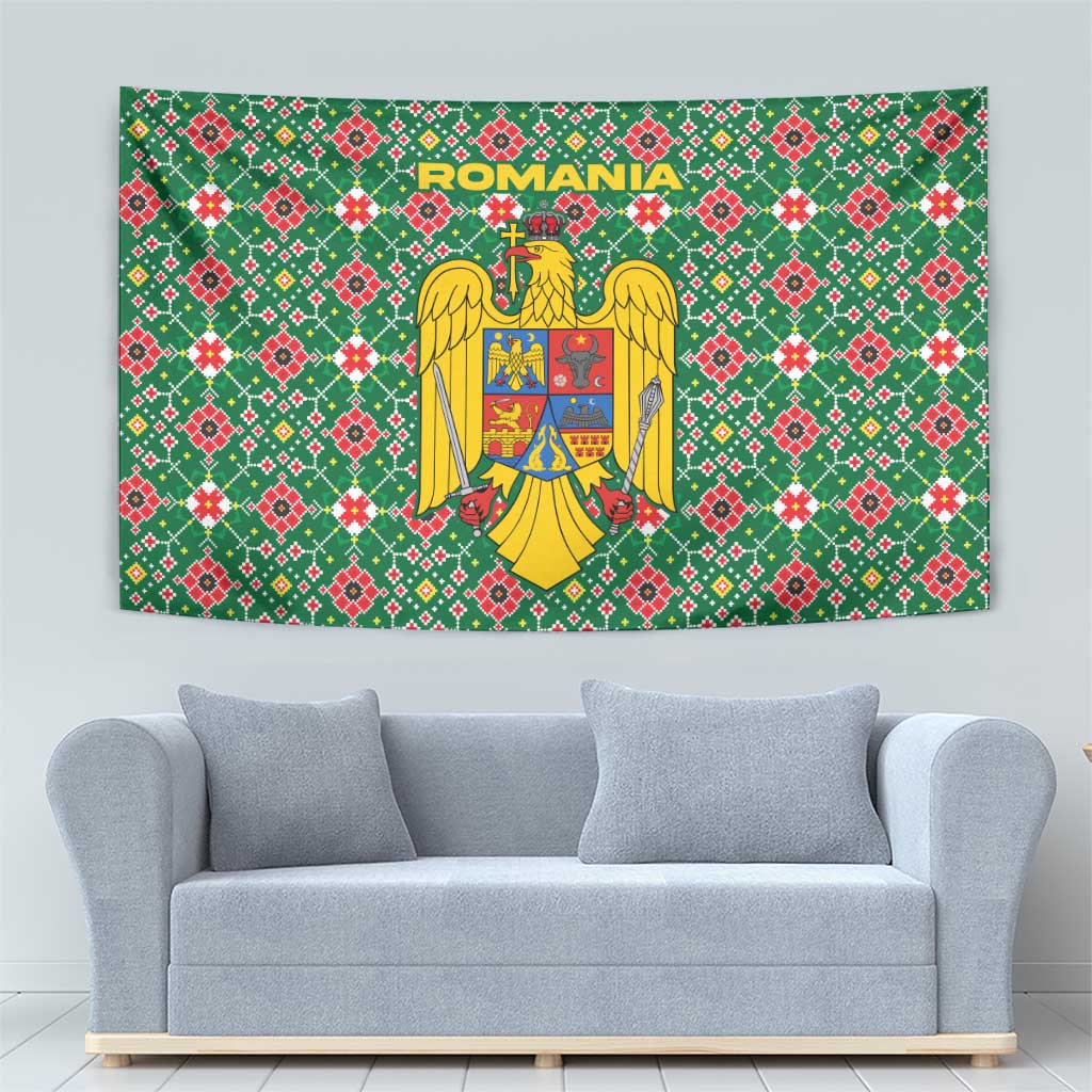 Romania Christmas Tapestry with Green and Red Pattern Golden Eagle and Santa Motif - Wonder Print Shop