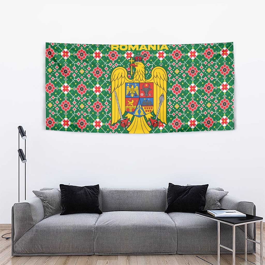 Romania Christmas Tapestry with Green and Red Pattern Golden Eagle and Santa Motif - Wonder Print Shop