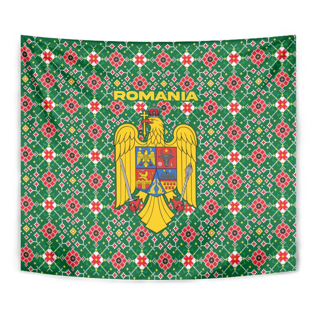 Romania Christmas Tapestry with Green and Red Pattern Golden Eagle and Santa Motif - Wonder Print Shop
