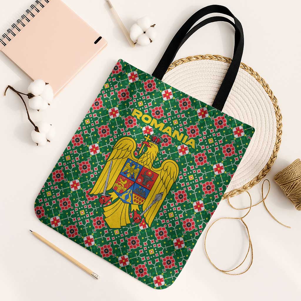 Romania Christmas Tote Bag with Green and Red Pattern Golden Eagle and Santa Motif - Wonder Print Shop