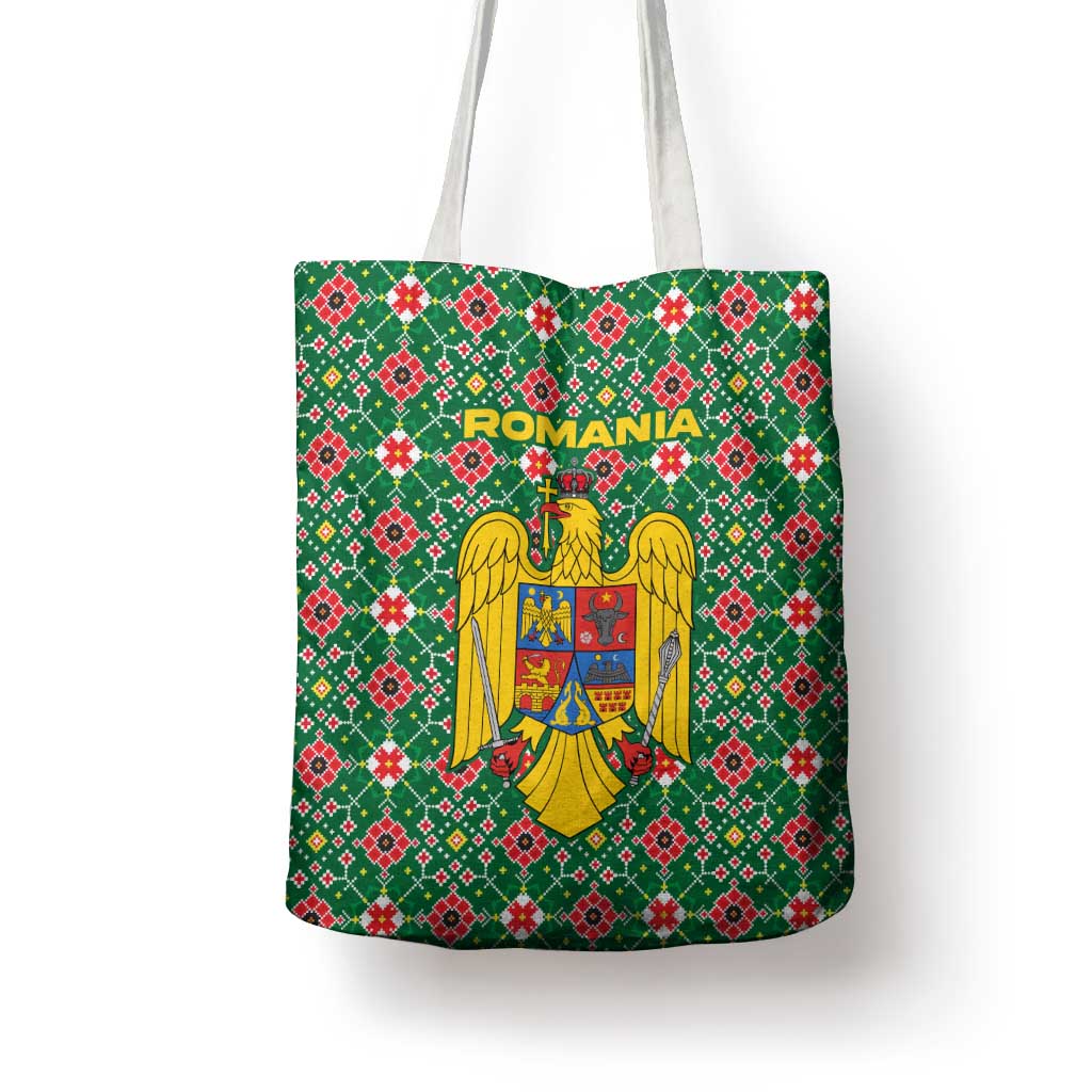 Romania Christmas Tote Bag with Green and Red Pattern Golden Eagle and Santa Motif - Wonder Print Shop