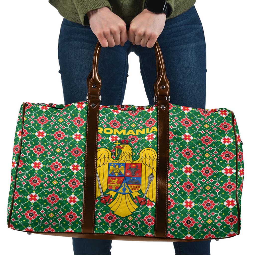 Romania Christmas Travel Bag with Green and Red Pattern Golden Eagle and Santa Motif - Wonder Print Shop