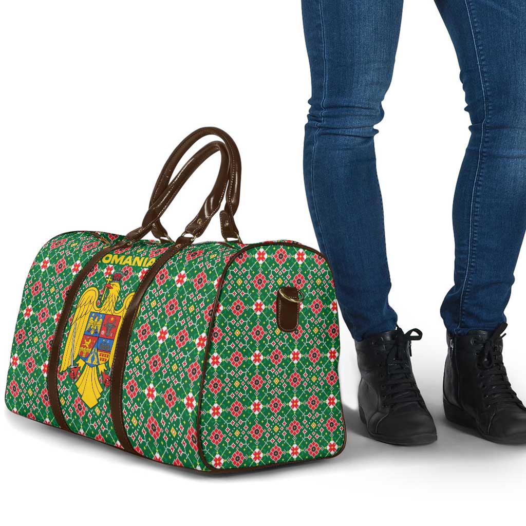Romania Christmas Travel Bag with Green and Red Pattern Golden Eagle and Santa Motif - Wonder Print Shop