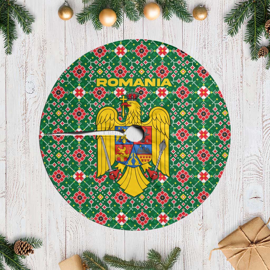 Romania Christmas Tree Skirt with Green and Red Pattern Golden Eagle and Santa Motif - Wonder Print Shop