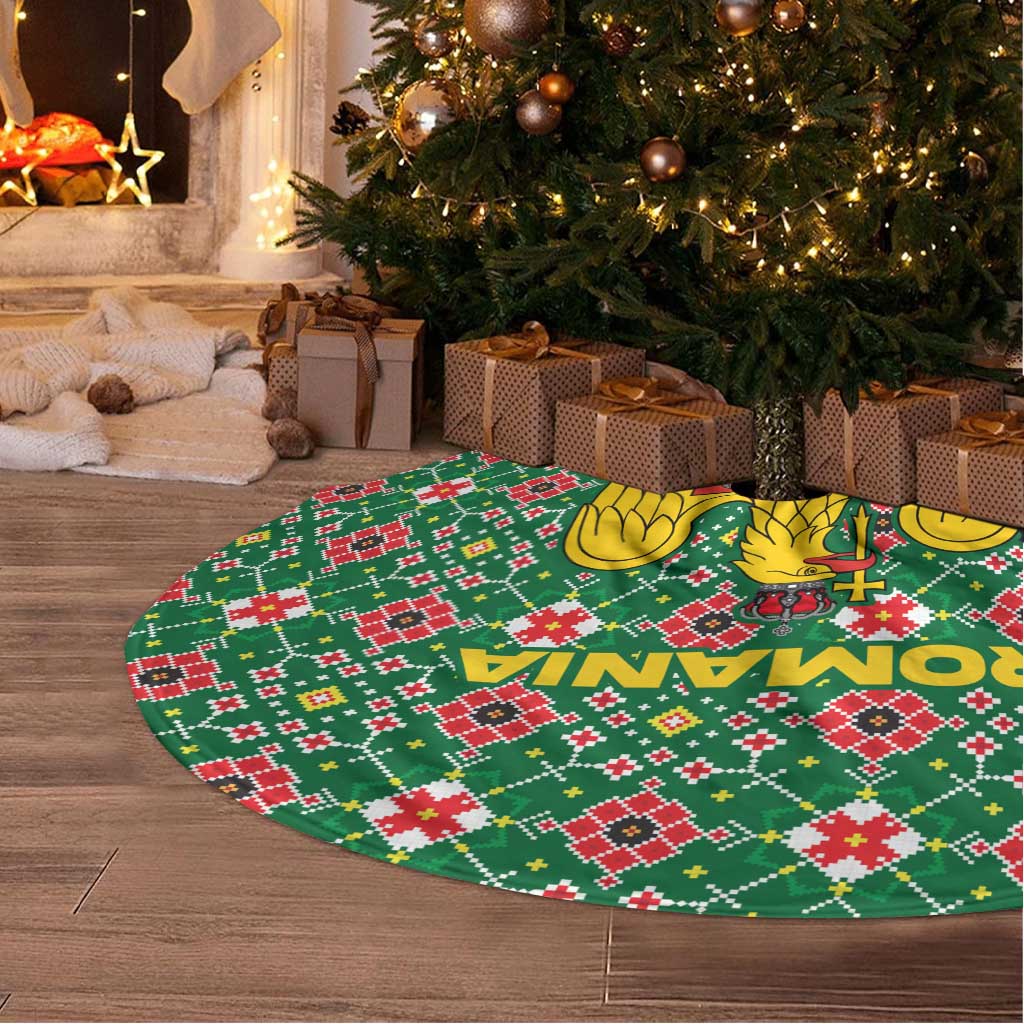 Romania Christmas Tree Skirt with Green and Red Pattern Golden Eagle and Santa Motif - Wonder Print Shop