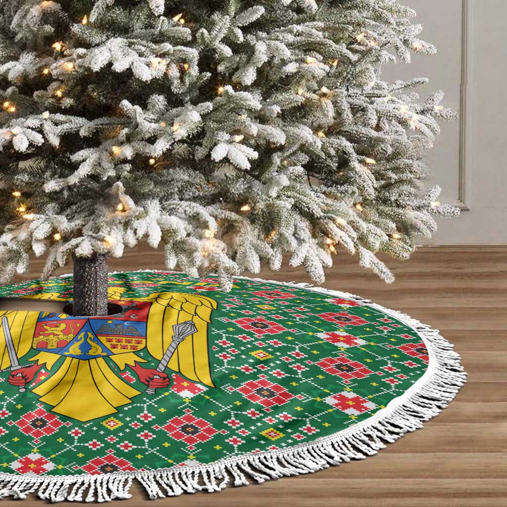 Romania Christmas Tree Skirt with Green and Red Pattern Golden Eagle and Santa Motif - Wonder Print Shop