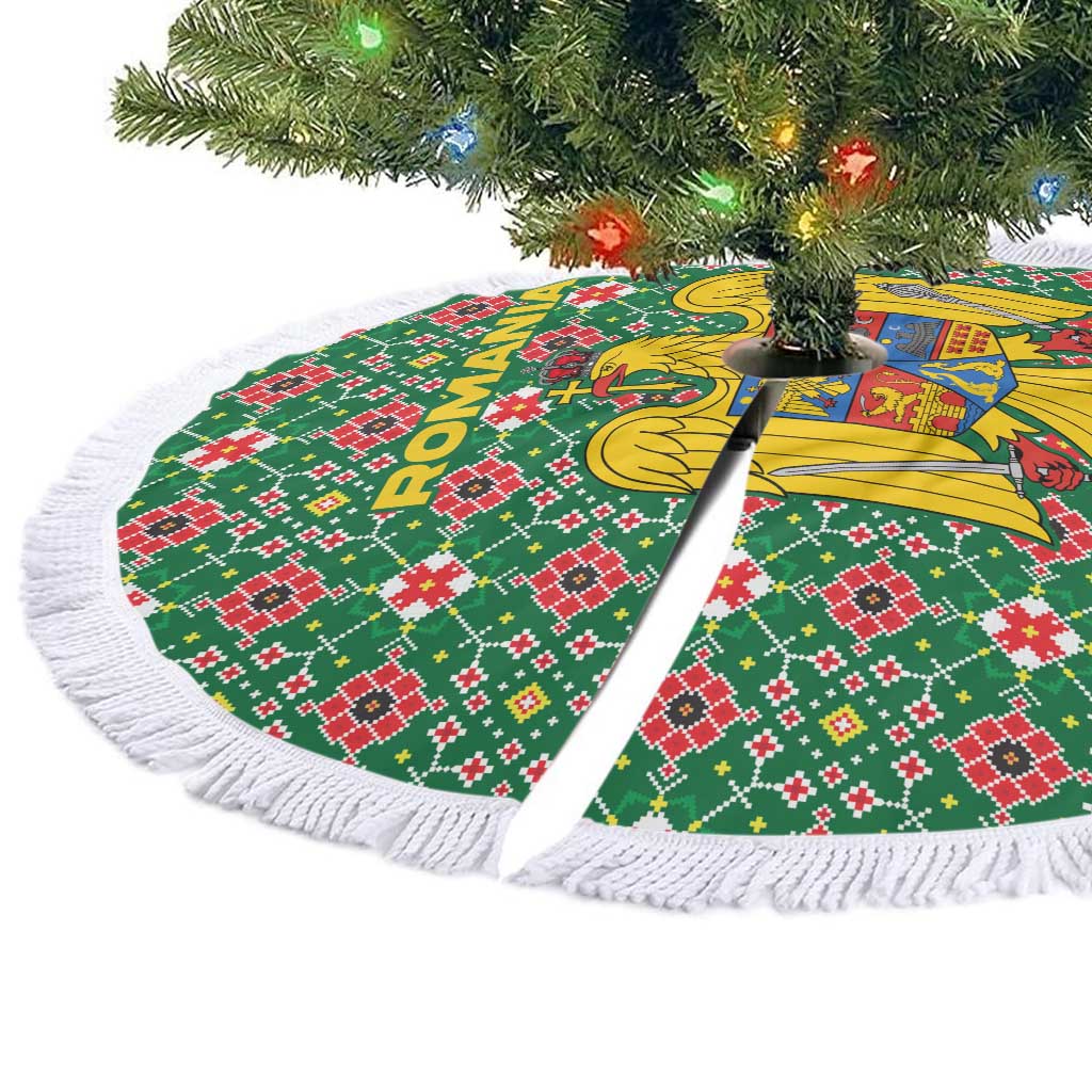 Romania Christmas Tree Skirt with Green and Red Pattern Golden Eagle and Santa Motif - Wonder Print Shop