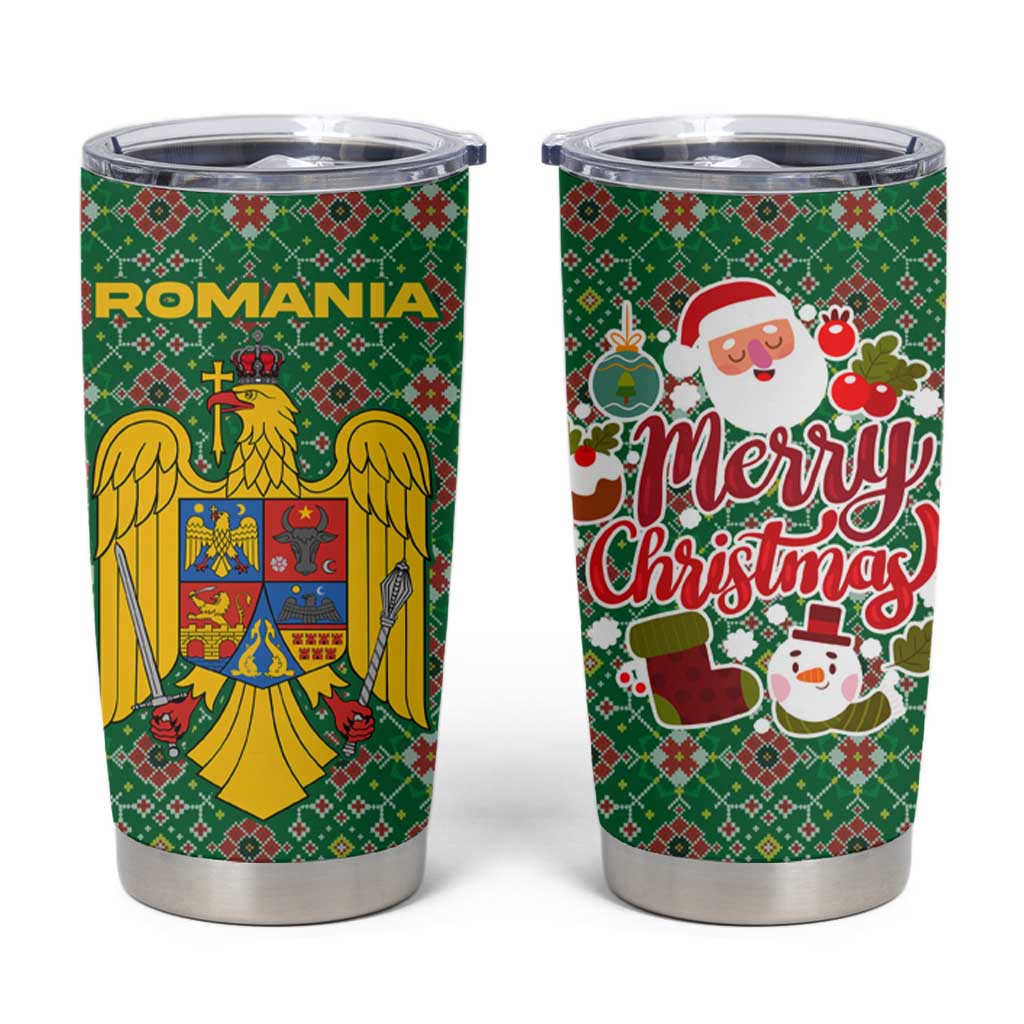 Romania Christmas Tumbler Cup with Green and Red Pattern Golden Eagle and Santa Motif - Wonder Print Shop