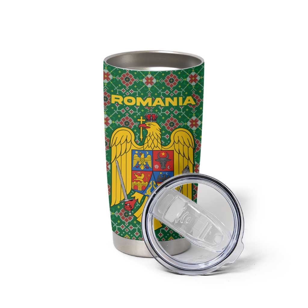 Romania Christmas Tumbler Cup with Green and Red Pattern Golden Eagle and Santa Motif - Wonder Print Shop