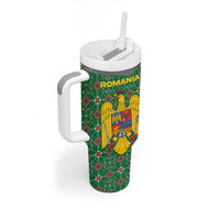 Romania Christmas Tumbler With Handle with Green and Red Pattern Golden Eagle and Santa Motif - Wonder Print Shop