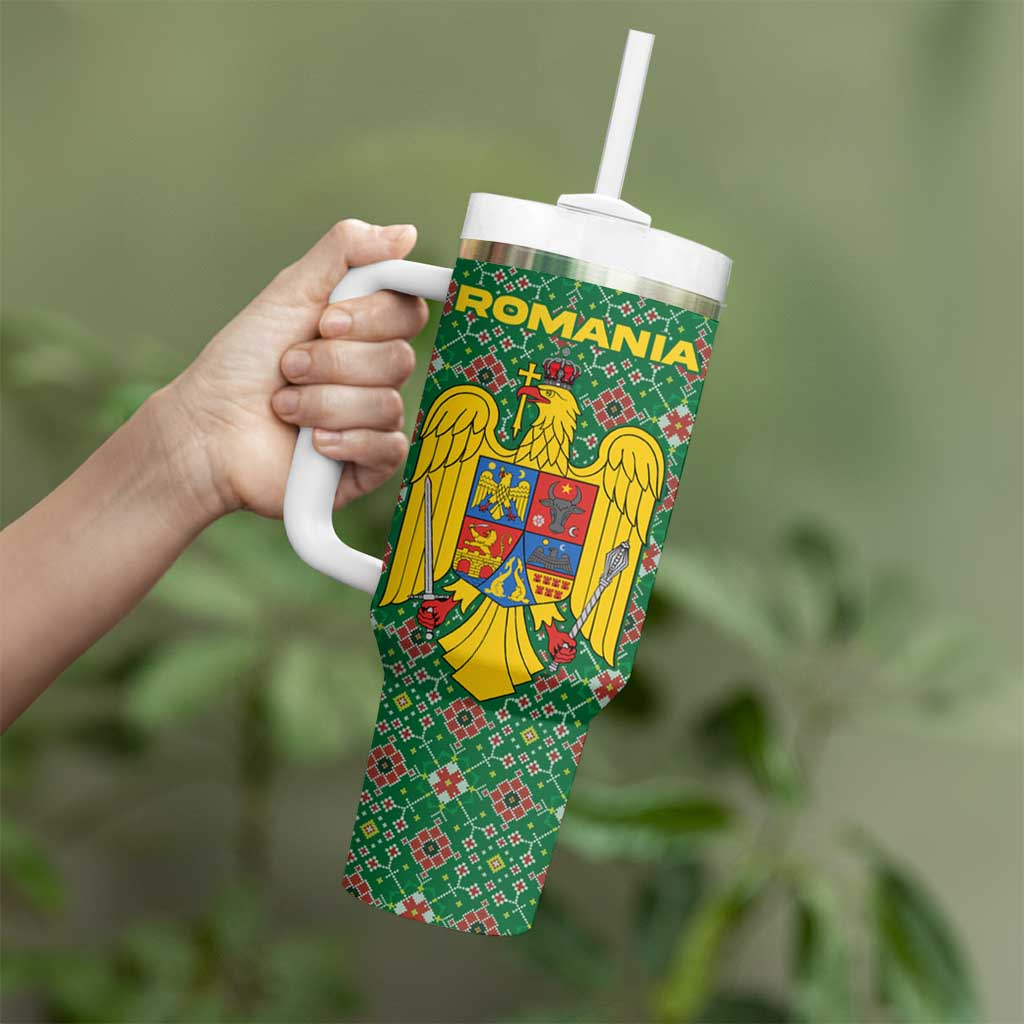 Romania Christmas Tumbler With Handle with Green and Red Pattern Golden Eagle and Santa Motif - Wonder Print Shop