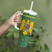 Romania Christmas Tumbler With Handle with Green and Red Pattern Golden Eagle and Santa Motif - Wonder Print Shop