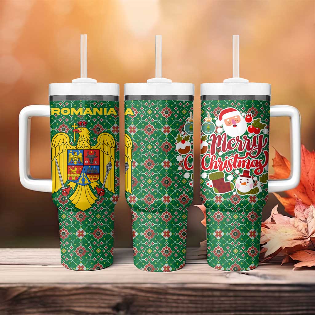Romania Christmas Tumbler With Handle with Green and Red Pattern Golden Eagle and Santa Motif - Wonder Print Shop
