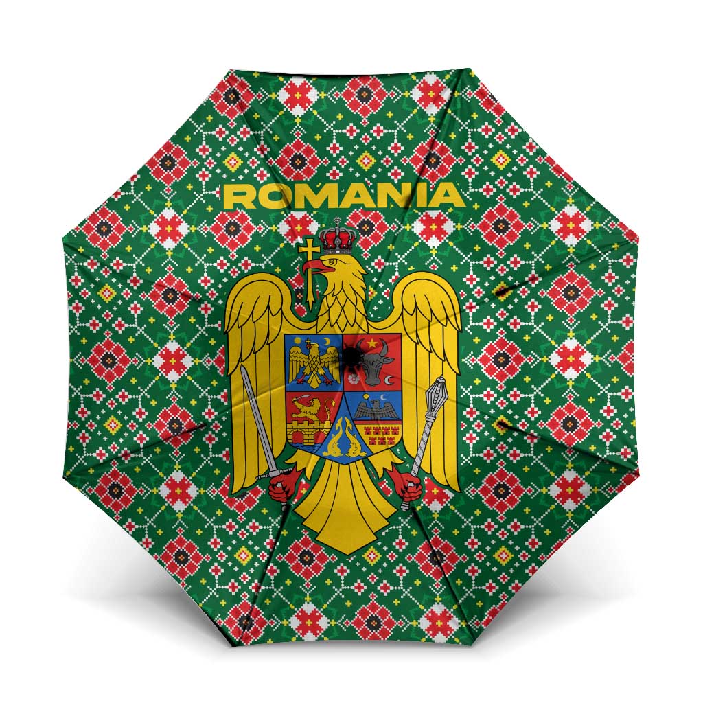 Romania Christmas Umbrella with Green and Red Pattern Golden Eagle and Santa Motif - Wonder Print Shop