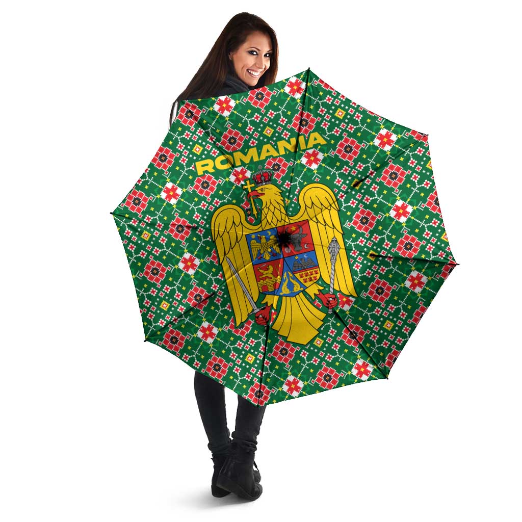 Romania Christmas Umbrella with Green and Red Pattern Golden Eagle and Santa Motif - Wonder Print Shop