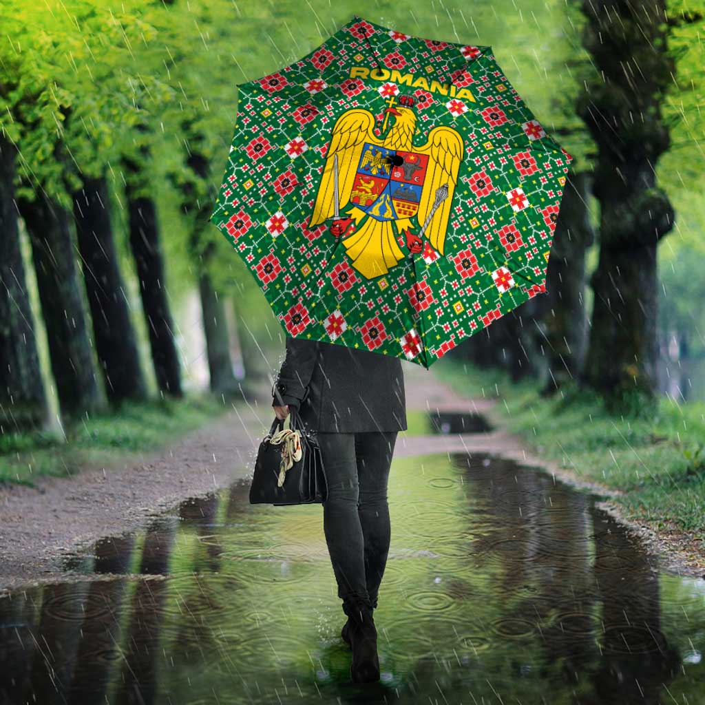 Romania Christmas Umbrella with Green and Red Pattern Golden Eagle and Santa Motif - Wonder Print Shop
