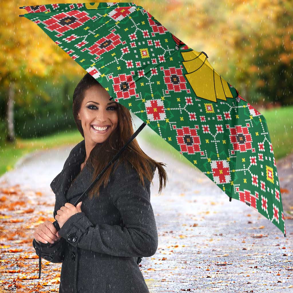 Romania Christmas Umbrella with Green and Red Pattern Golden Eagle and Santa Motif - Wonder Print Shop