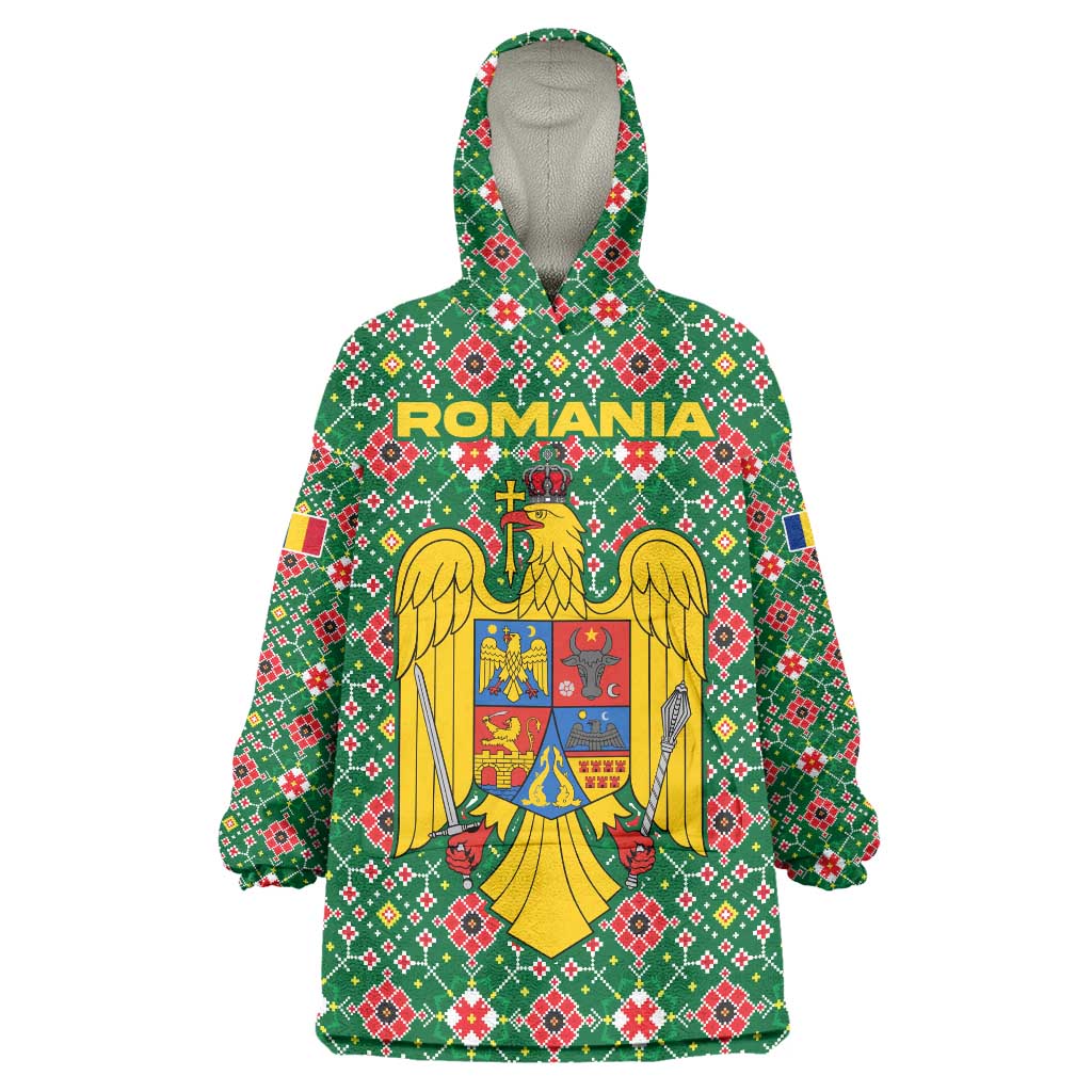 Romania Christmas Wearable Blanket Hoodie with Green and Red Pattern Golden Eagle and Santa Motif - Wonder Print Shop