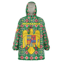 Romania Christmas Wearable Blanket Hoodie with Green and Red Pattern Golden Eagle and Santa Motif - Wonder Print Shop