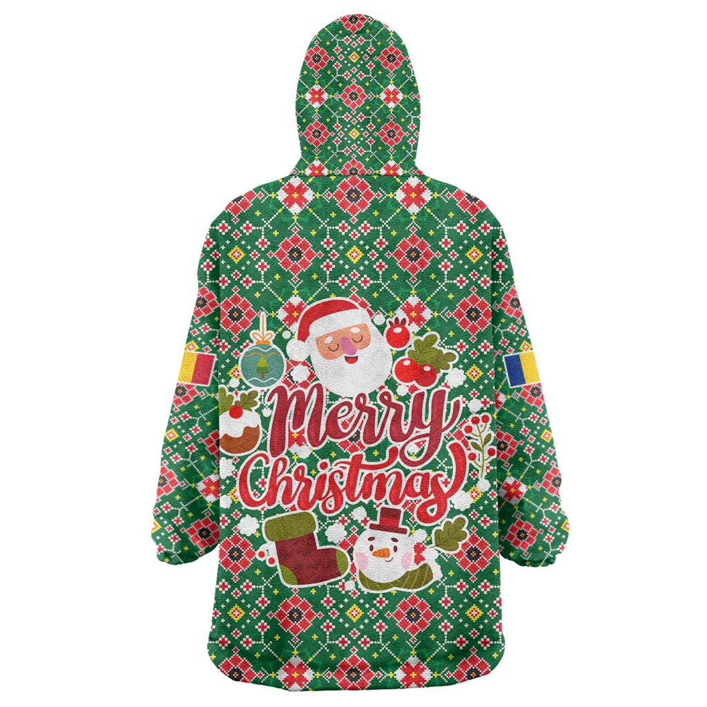 Romania Christmas Wearable Blanket Hoodie with Green and Red Pattern Golden Eagle and Santa Motif - Wonder Print Shop