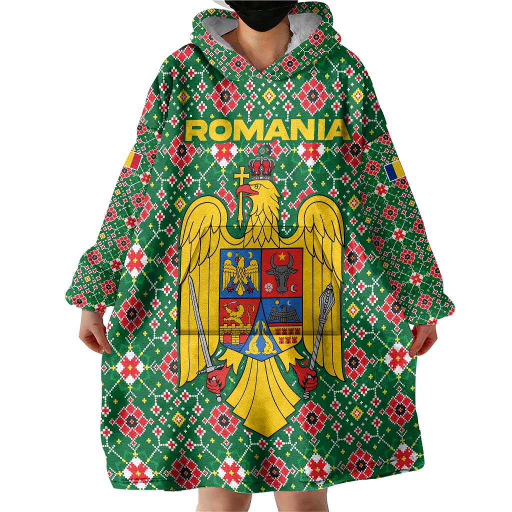 Romania Christmas Wearable Blanket Hoodie with Green and Red Pattern Golden Eagle and Santa Motif - Wonder Print Shop