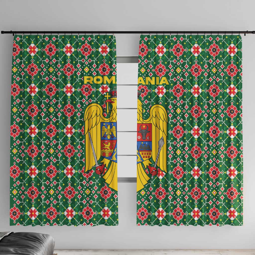 Romania Christmas Window Curtain with Green and Red Pattern Golden Eagle and Santa Motif - Wonder Print Shop