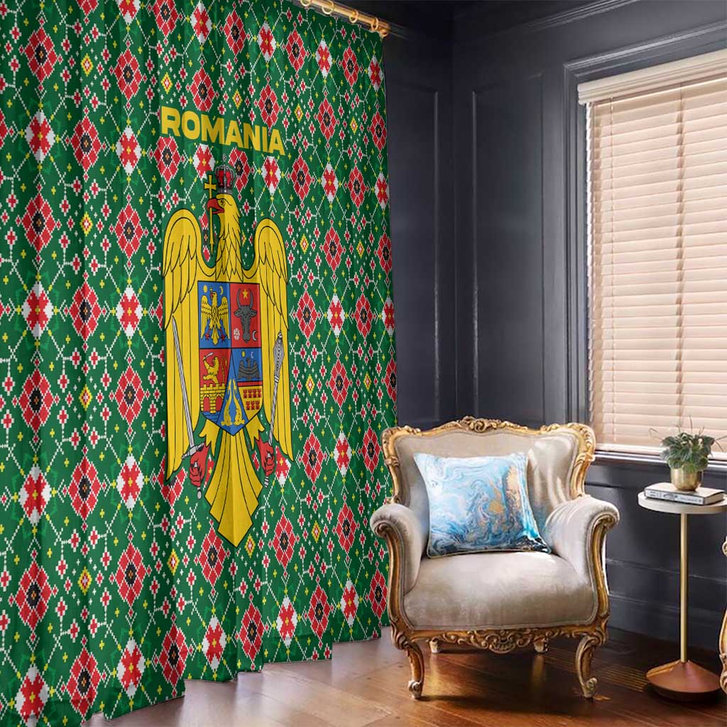 Romania Christmas Window Curtain with Green and Red Pattern Golden Eagle and Santa Motif - Wonder Print Shop