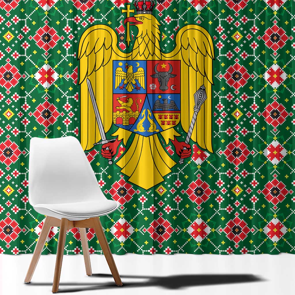Romania Christmas Window Curtain with Green and Red Pattern Golden Eagle and Santa Motif - Wonder Print Shop
