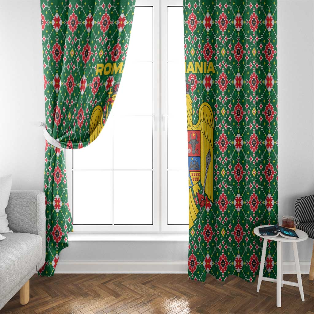 Romania Christmas Window Curtain with Green and Red Pattern Golden Eagle and Santa Motif - Wonder Print Shop