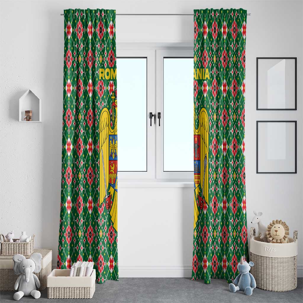 Romania Christmas Window Curtain with Green and Red Pattern Golden Eagle and Santa Motif - Wonder Print Shop
