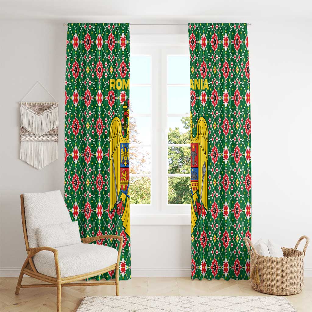 Romania Christmas Window Curtain with Green and Red Pattern Golden Eagle and Santa Motif - Wonder Print Shop