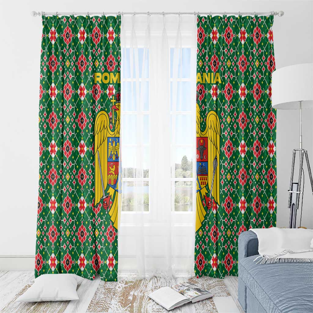 Romania Christmas Window Curtain with Green and Red Pattern Golden Eagle and Santa Motif - Wonder Print Shop