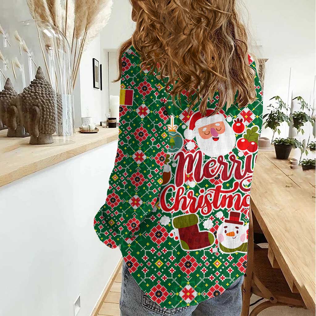 Romania Christmas Women Casual Shirt with Green and Red Pattern Golden Eagle and Santa Motif - Wonder Print Shop