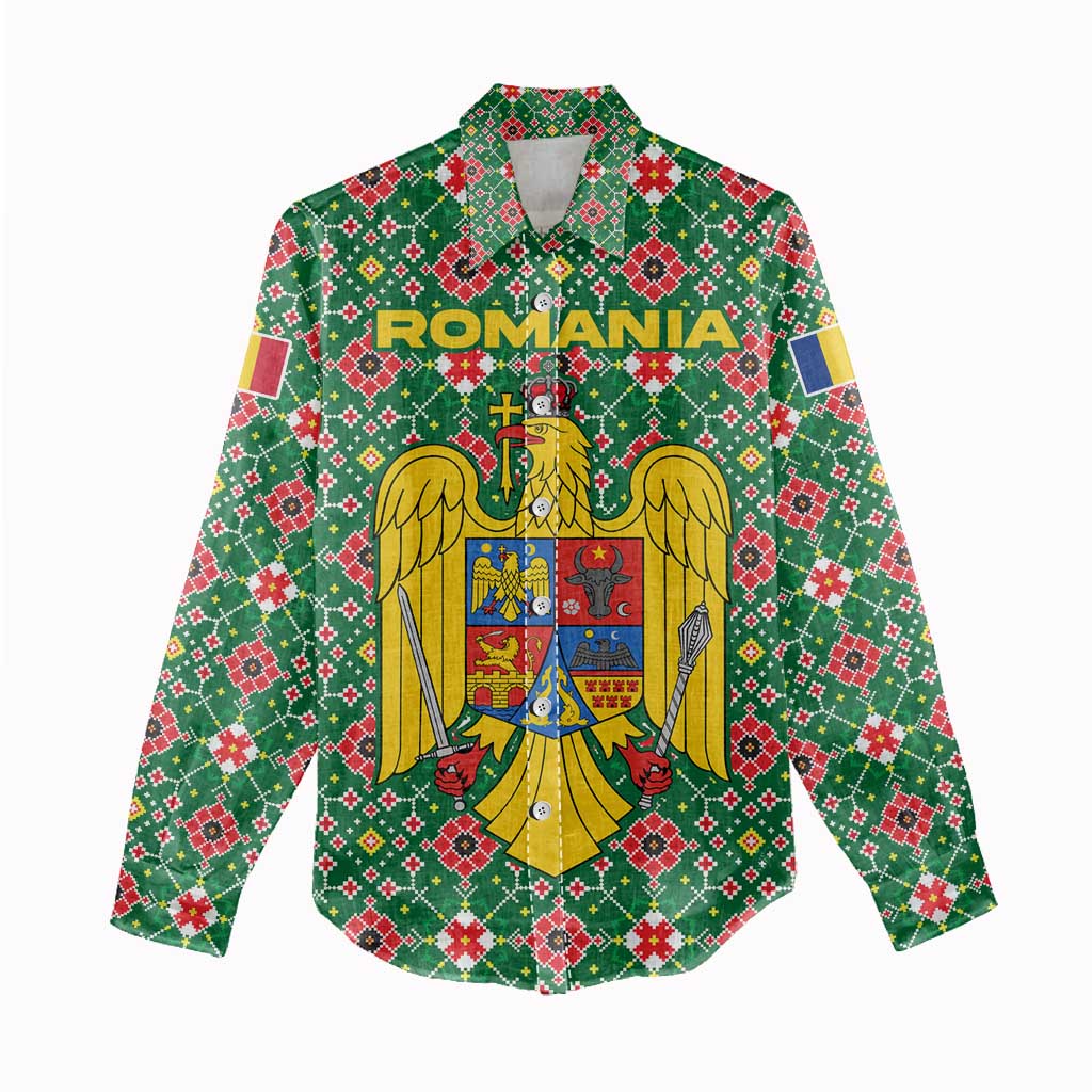 Romania Christmas Women Casual Shirt with Green and Red Pattern Golden Eagle and Santa Motif - Wonder Print Shop