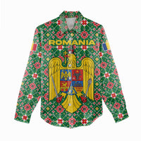 Romania Christmas Women Casual Shirt with Green and Red Pattern Golden Eagle and Santa Motif - Wonder Print Shop