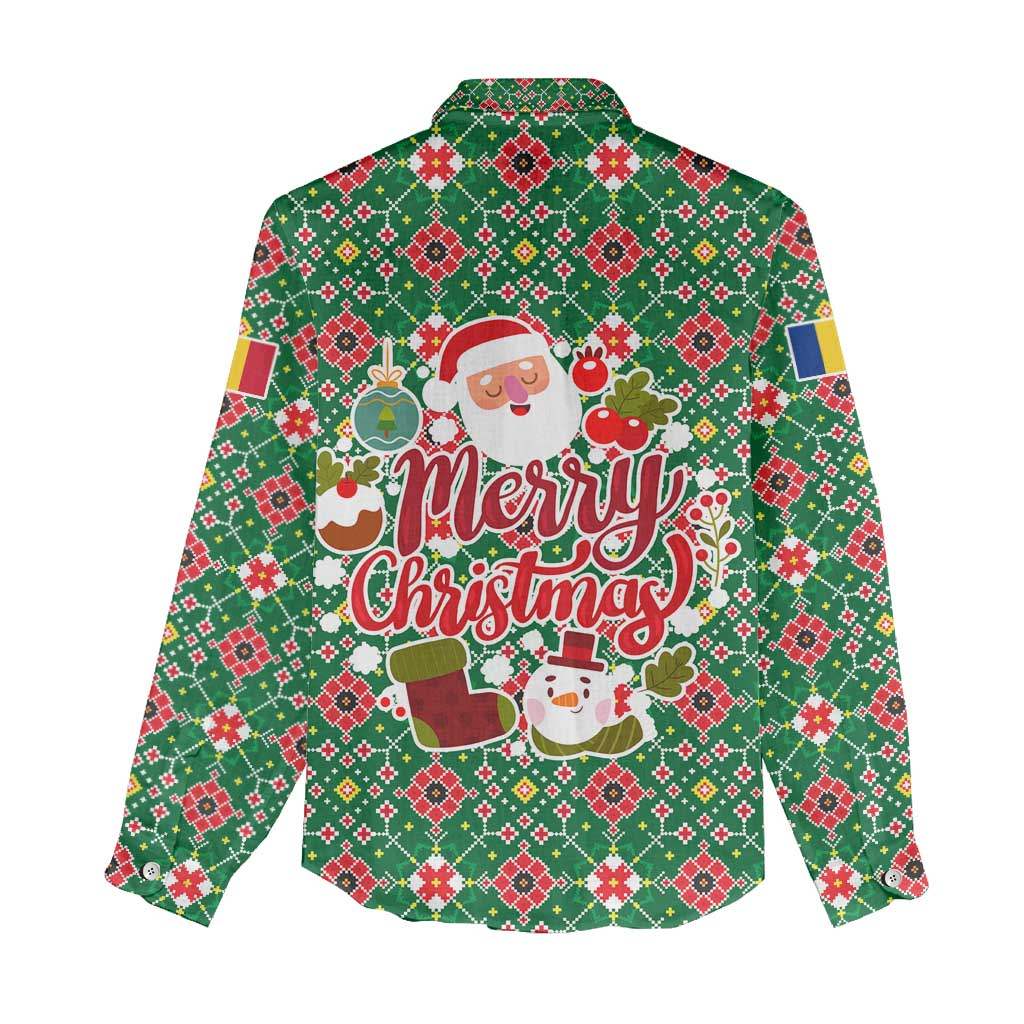 Romania Christmas Women Casual Shirt with Green and Red Pattern Golden Eagle and Santa Motif - Wonder Print Shop