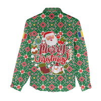 Romania Christmas Women Casual Shirt with Green and Red Pattern Golden Eagle and Santa Motif - Wonder Print Shop