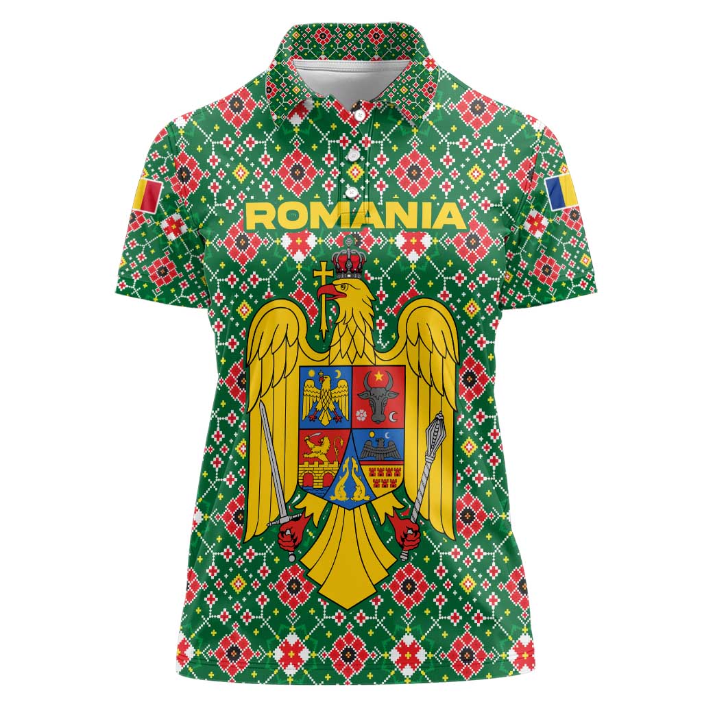 Romania Christmas Women Polo Shirt with Green and Red Pattern Golden Eagle and Santa Motif - Wonder Print Shop