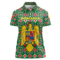 Romania Christmas Women Polo Shirt with Green and Red Pattern Golden Eagle and Santa Motif - Wonder Print Shop