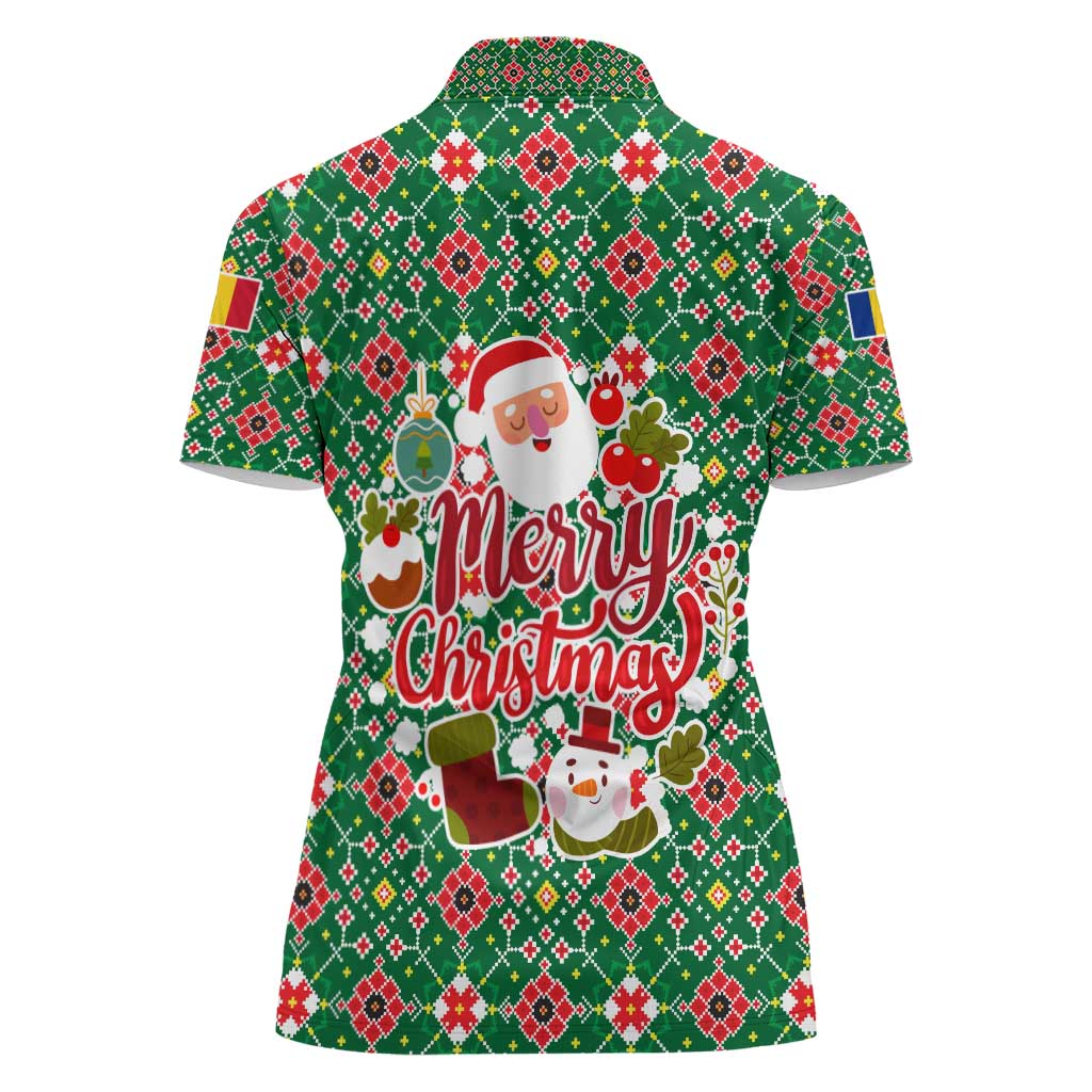 Romania Christmas Women Polo Shirt with Green and Red Pattern Golden Eagle and Santa Motif - Wonder Print Shop