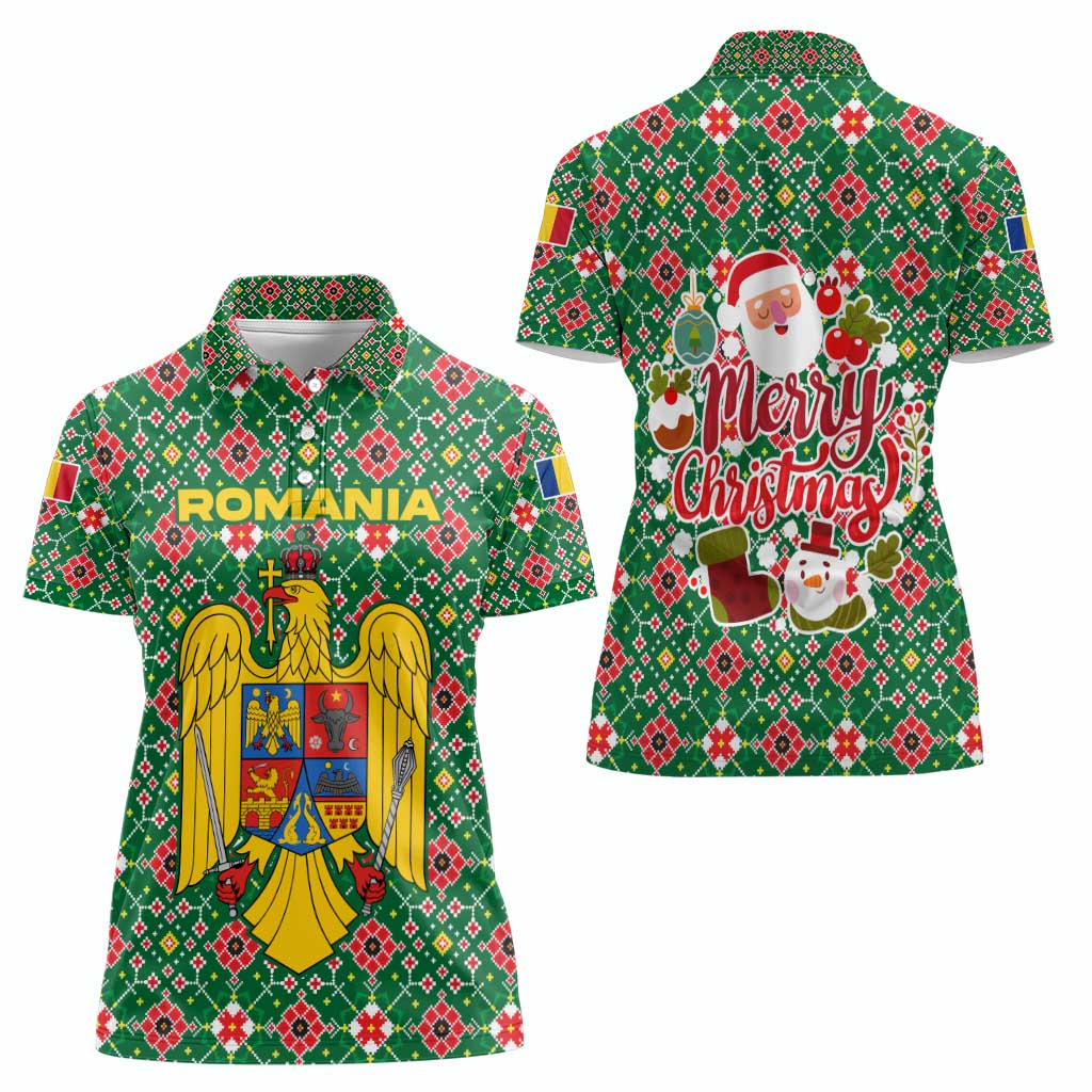 Romania Christmas Women Polo Shirt with Green and Red Pattern Golden Eagle and Santa Motif - Wonder Print Shop
