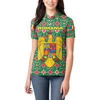 Romania Christmas Women Polo Shirt with Green and Red Pattern Golden Eagle and Santa Motif - Wonder Print Shop
