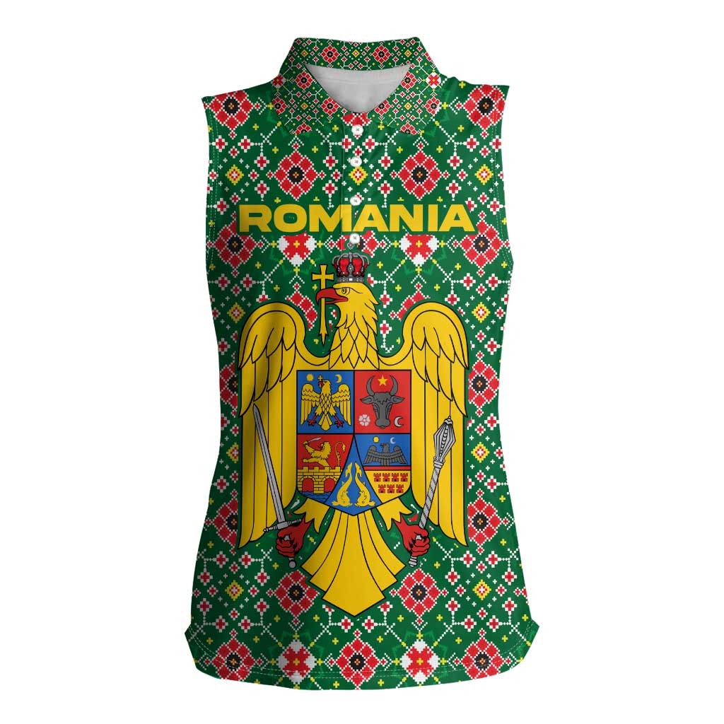 Romania Christmas Women Sleeveless Polo Shirt with Green and Red Pattern Golden Eagle and Santa Motif - Wonder Print Shop