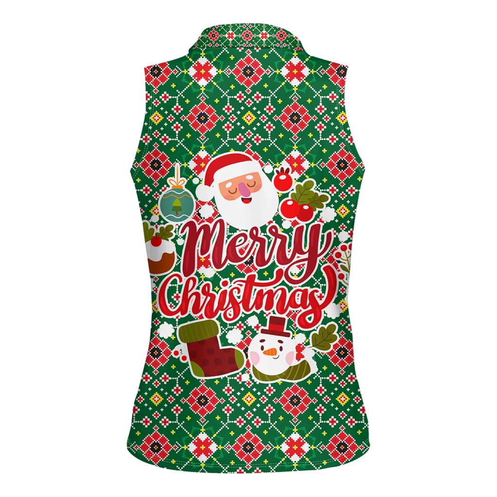 Romania Christmas Women Sleeveless Polo Shirt with Green and Red Pattern Golden Eagle and Santa Motif - Wonder Print Shop
