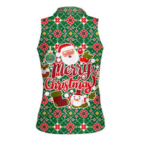 Romania Christmas Women Sleeveless Polo Shirt with Green and Red Pattern Golden Eagle and Santa Motif - Wonder Print Shop