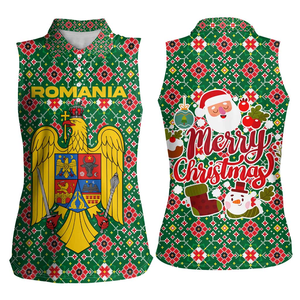 Romania Christmas Women Sleeveless Polo Shirt with Green and Red Pattern Golden Eagle and Santa Motif - Wonder Print Shop
