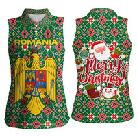 Romania Christmas Women Sleeveless Polo Shirt with Green and Red Pattern Golden Eagle and Santa Motif - Wonder Print Shop