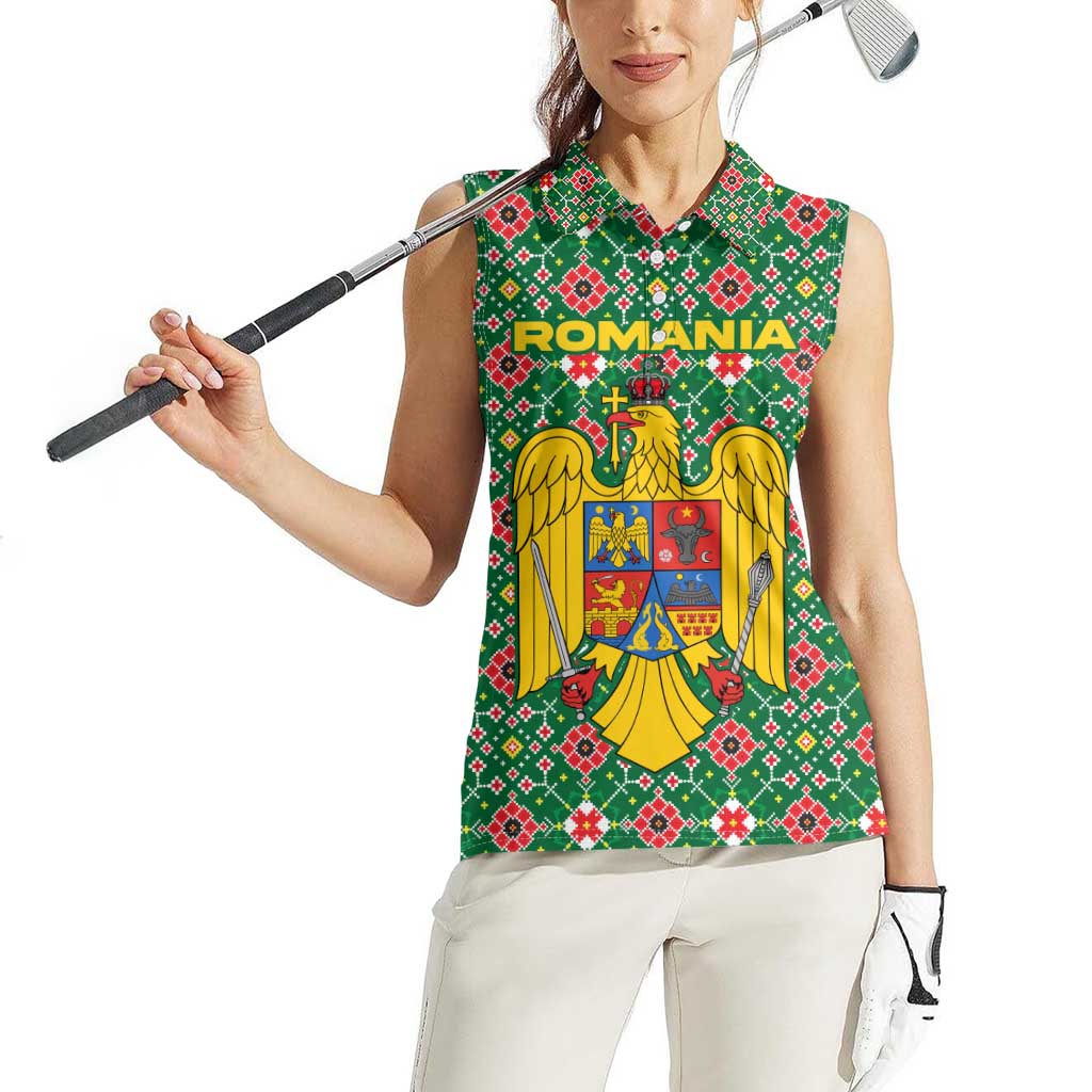 Romania Christmas Women Sleeveless Polo Shirt with Green and Red Pattern Golden Eagle and Santa Motif - Wonder Print Shop