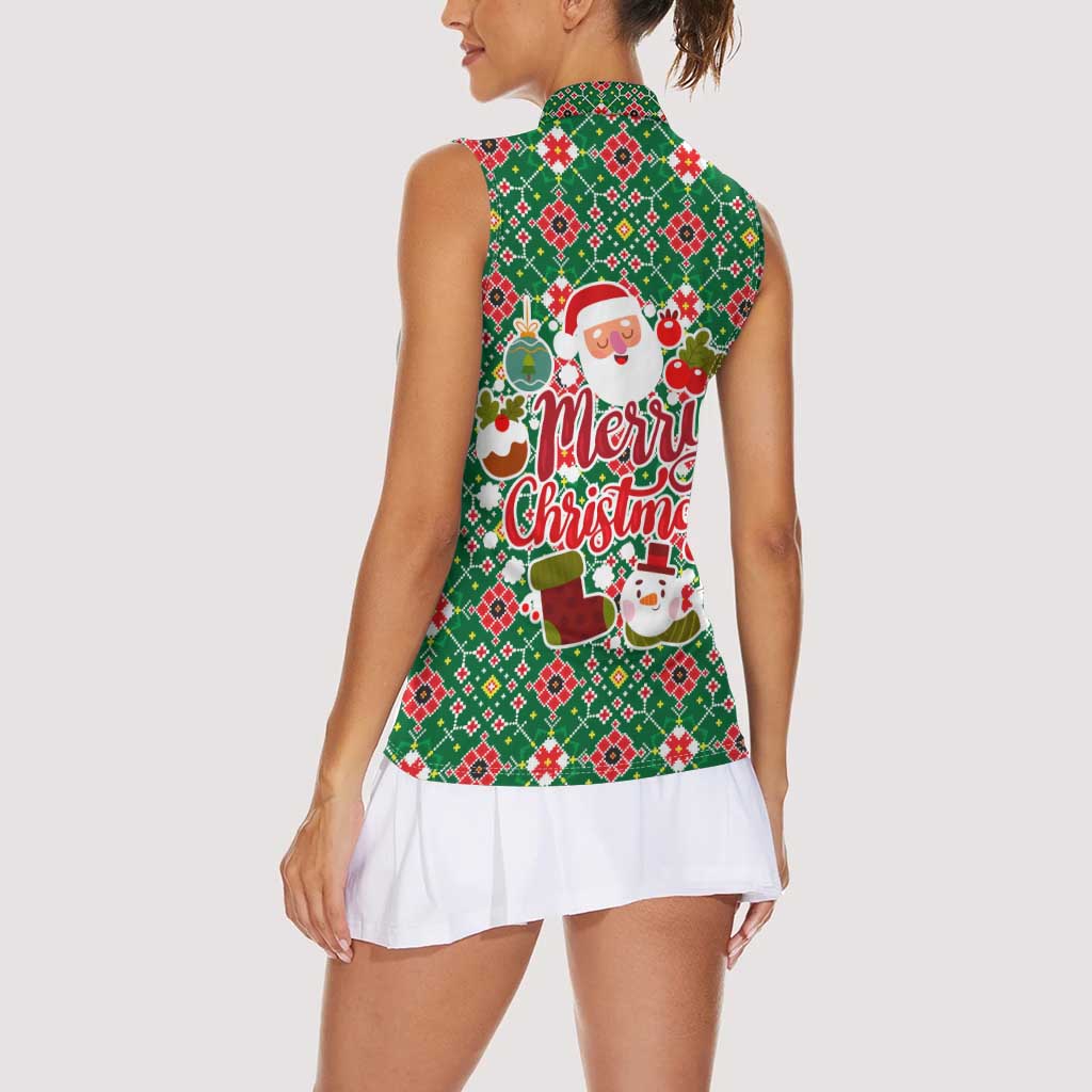 Romania Christmas Women Sleeveless Polo Shirt with Green and Red Pattern Golden Eagle and Santa Motif - Wonder Print Shop